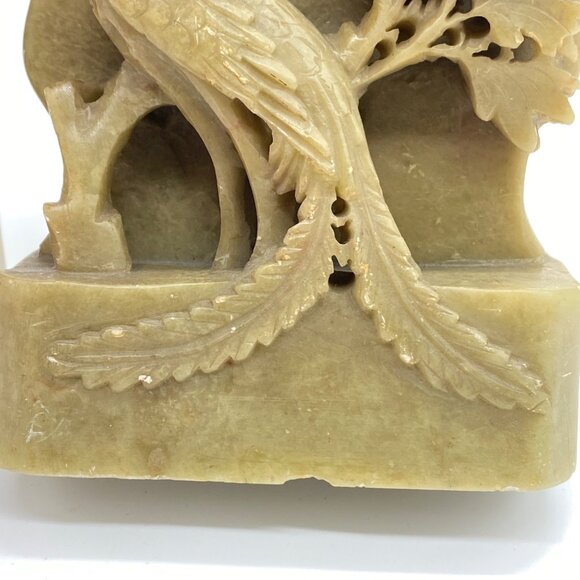 Vintage Pair of Hand-Carved Green Soapstone Bookends Phoenix Bird Lotus Flower - Picture 8 of 16
